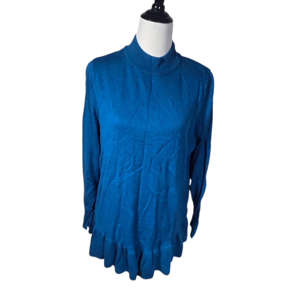 Isaac Mizrahi Live 1X Blue Ruffle Long Sleeve Mock Neck Knit Sweater